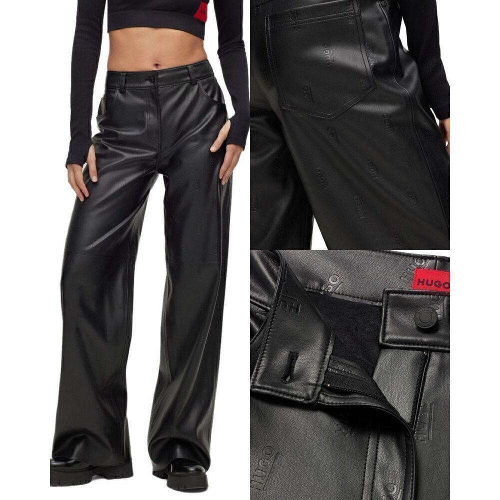 Hugo By Hugo Boss NWT Logo Embossed Relaxed Fit Straight Leg Pant Faux Leather 1